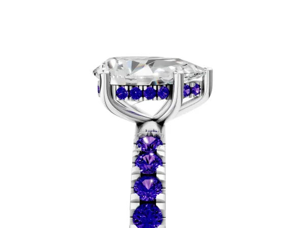 Pear Cut Diamond Pave Band Solitaire Ring with Round Tanzanite and Prong Setting Platinum