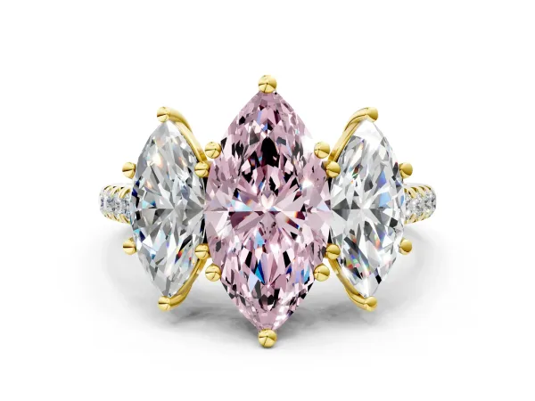 Fancy Pink Three-Stone Marquise Cut Diamond Ring with Round Pavé Band and Prong Setting Yellow gold