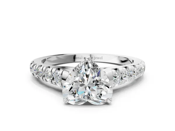 Heart Cut Diamond Cathedral Solitaire Ring with Round Moissanite Pavé Band Platinum