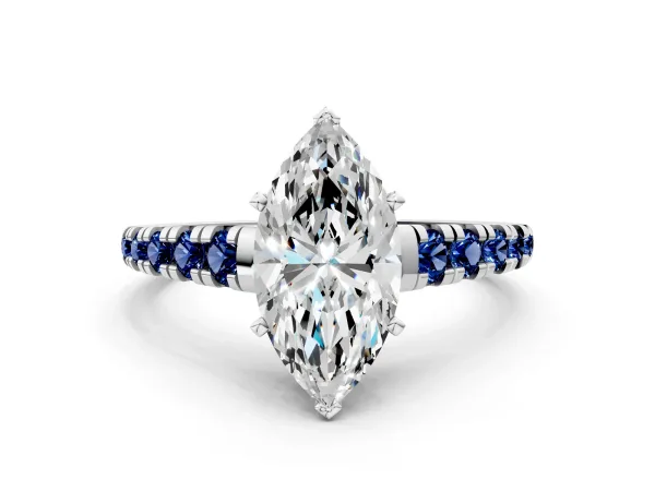 Marquise Cut Diamond Cathedral Solitaire Ring with Round Blue Sapphire Pavé Band White gold