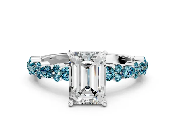 Emerald Cut Diamond Side Stone Solitaire Ring with Round Blue Topaz and Four-Prong Setting White gold