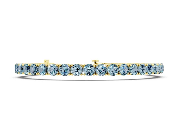 Round Brilliant Aquamarine Tennis Bracelet with Prong Setting Yellow gold