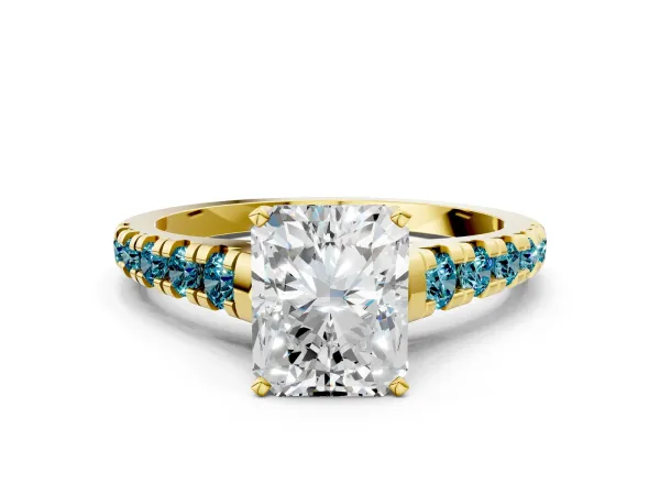 Radiant Cut Diamond Cathedral Solitaire Ring with Round Blue Topaz Pavé Band Yellow gold