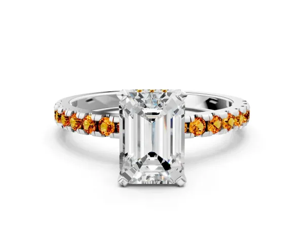 Emerald Cut Diamond Solitaire Ring with Round Citrine Pavé Band and Four-Prong Setting White gold