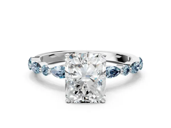 Radiant Cut Diamond Ring with Marquise and Round Aquamarine Side Stones and Four-Prong Setting Platinum