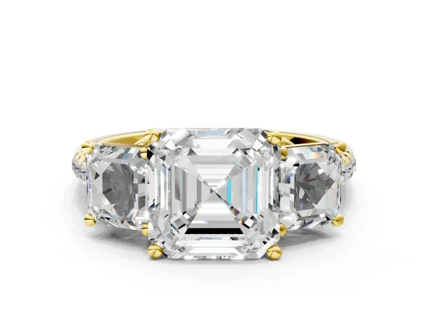 Three-Stone Asscher Cut Diamond Ring with Round Moissanite Pavé Band and Prong Setting Yellow gold