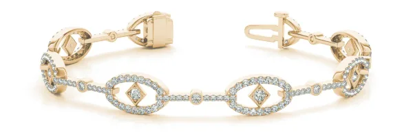 Pavé Diamond Oval Link Bracelet with Round Brilliant Cut Stones and Four-Prong Setting Yellow gold