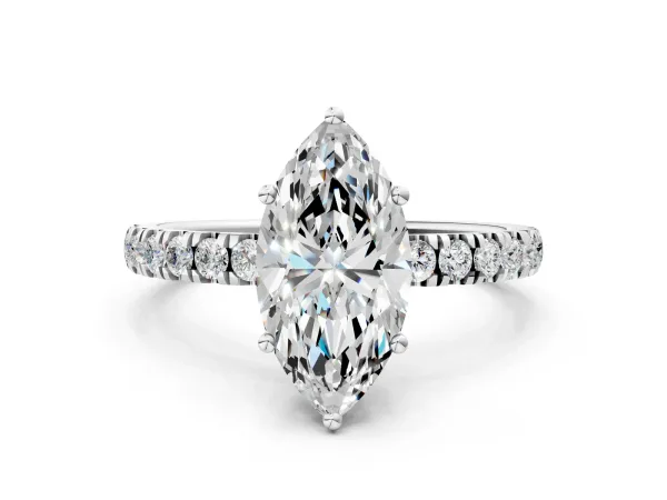 Marquise Cut Diamond Pave Band Solitaire Ring with Round Moissanite and Prong Setting Platinum
