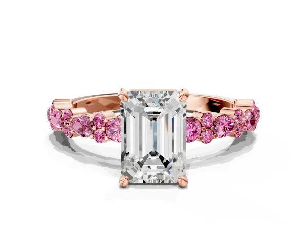 Emerald Cut Diamond Side Stone Solitaire Ring with Round Pink Sapphire and Four-Prong Setting Rose gold