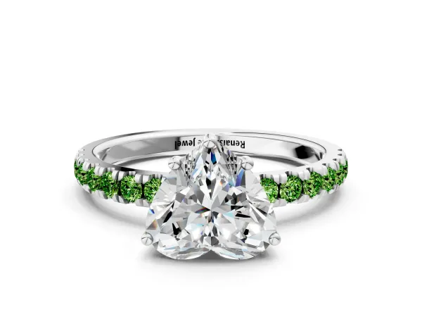 Heart Cut Diamond Pave Band Solitaire Ring with Round Peridot and Prong Setting Platinum