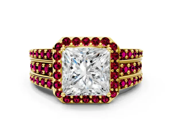 Princess Cut Halo Diamond Ring with Round Garnet Split Shank and Prong Setting Yellow gold