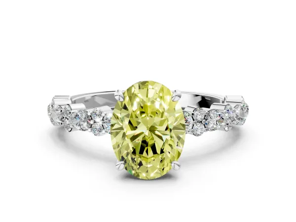 Fancy Yellow Oval Cut Diamond Side Stone Solitaire Ring with Round and Four-Prong Setting Platinum