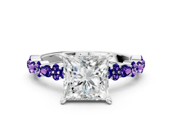 Princess Cut Diamond Side Stone Solitaire Ring with Round Tanzanite and Four-Prong Setting Platinum