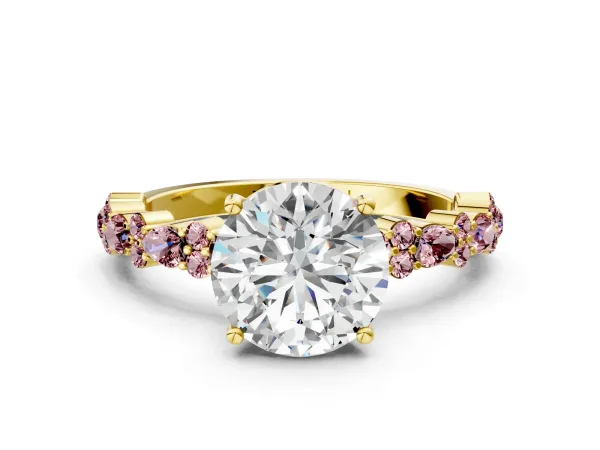 Round Cut Diamond Side Stone Solitaire Ring with Round Morganite and Four-Prong Setting Yellow gold