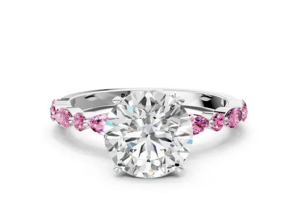 Round Cut Diamond Ring with Marquise and Round Pink Sapphire Side Stones and Four-Prong Setting White gold