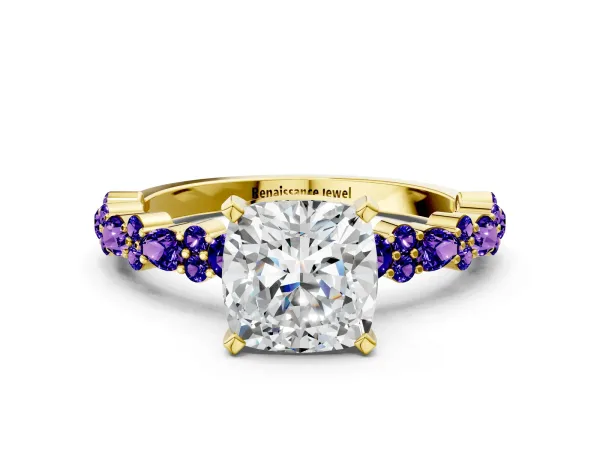Cushion Cut Diamond Side Stone Solitaire Ring with Round Tanzanite and Four-Prong Setting Yellow gold