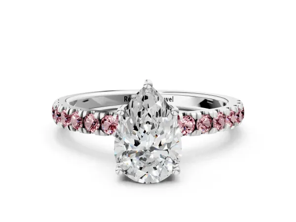 Pear Cut Diamond Pave Band Solitaire Ring with Round Morganite and Prong Setting Platinum