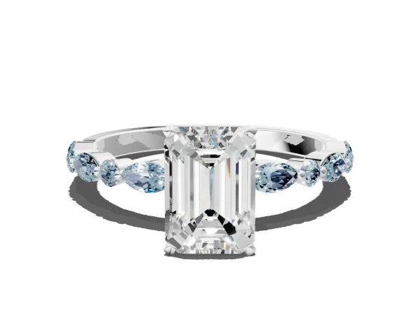 Emerald Cut Diamond Ring with Marquise and Round Aquamarine Side Stones and Four-Prong Setting White gold