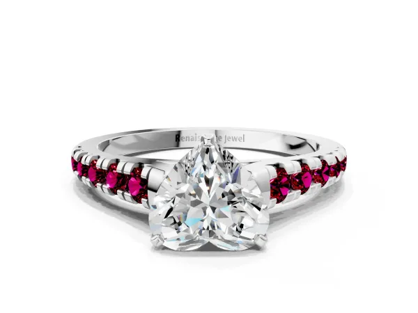 Heart Cut Diamond Cathedral Solitaire Ring with Round Garnet Pavé Band Platinum
