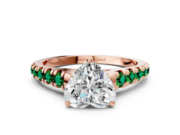 Heart Cut Diamond Cathedral Solitaire Ring with Round Emerald Pavé Band Rose gold