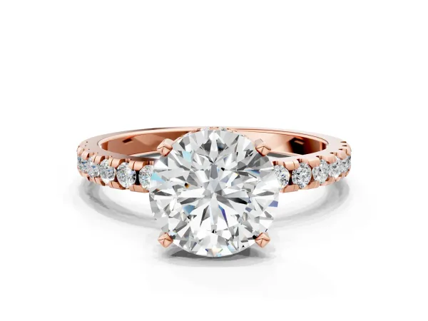 Round Cut Diamond Solitaire Ring with Round Moissanite Pavé Band and Four-Prong Setting Rose gold