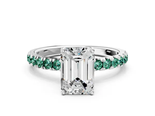 Emerald Cut Diamond Pave Band Solitaire Ring with Round Green Sapphire and Prong Setting Platinum