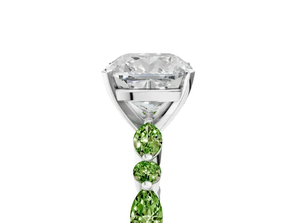 Cushion Cut Diamond Ring with Marquise and Round Peridot Side Stones and Four-Prong Setting Platinum