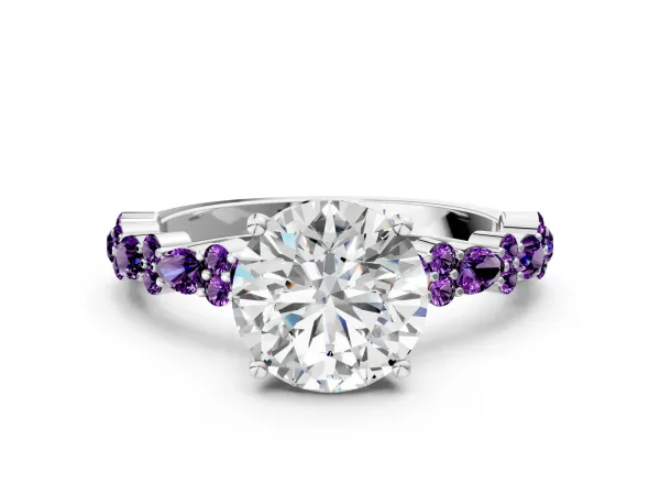 Round Cut Diamond Side Stone Solitaire Ring with Round Amethyst and Four-Prong Setting Silver