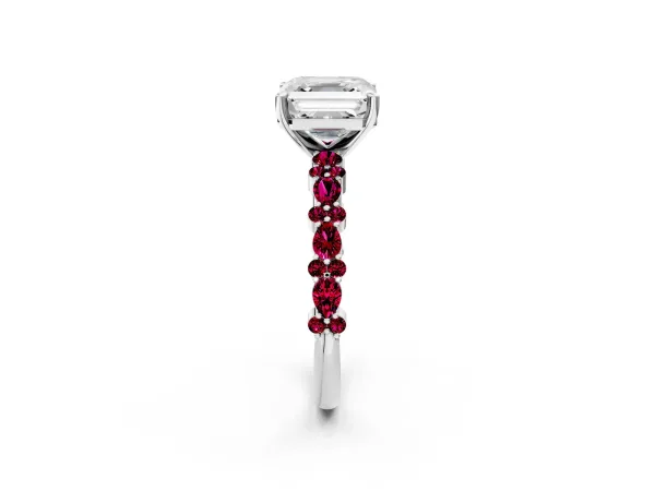 Asscher Cut Diamond Side Stone Solitaire Ring with Round Garnet and Four-Prong Setting Platinum