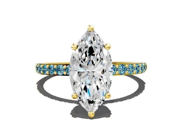 Marquise Cut Diamond Solitaire Ring with Round Blue Topaz Pavé Band and Prong Setting Yellow gold