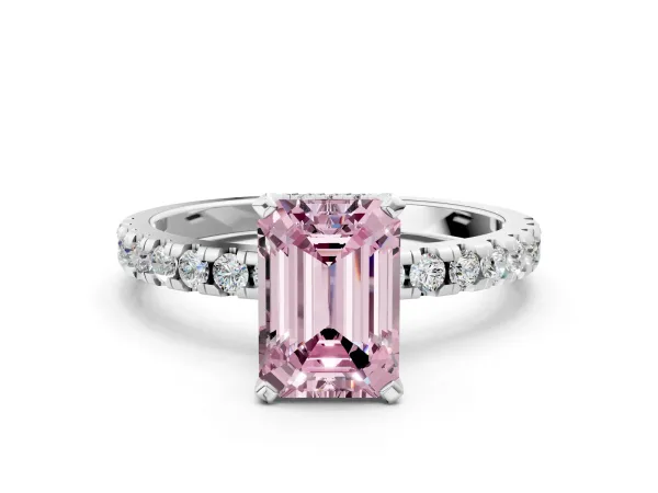 Fancy Pink Emerald Cut Diamond Solitaire Ring with Round Pavé Band and Four-Prong Setting Platinum