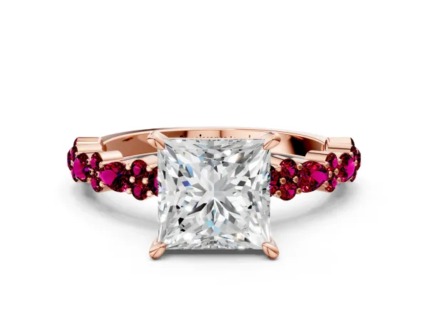 Princess Cut Diamond Side Stone Solitaire Ring with Round Garnet and Four-Prong Setting Rose gold