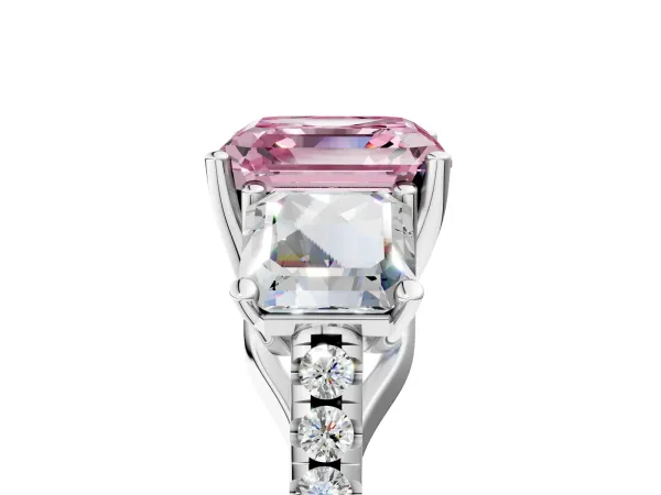 Fancy Pink Three-Stone Asscher Cut Diamond Ring with Round Pavé Band and Prong Setting Platinum