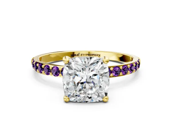 Cushion Cut Diamond Solitaire Ring with Round Amethyst Pavé Band and Prong Setting Yellow gold