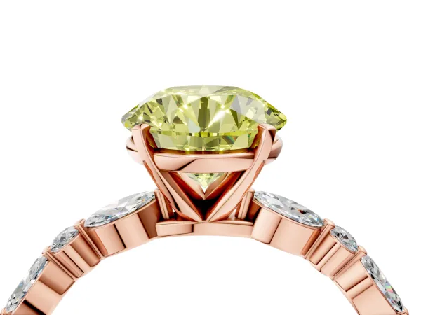 Fancy Yellow Round Cut Diamond Ring with Marquise and Round Side Stones and Four-Prong Setting Rose gold