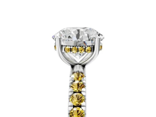 Round Cut Diamond Pave Band Solitaire Ring with Round Yellow Sapphire and Prong Setting Platinum