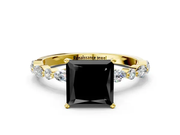 Fancy Black Princess Cut Diamond Ring with Marquise and Round Side Stones and Four-Prong Setting Yellow gold