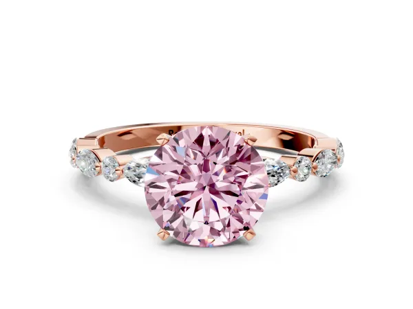 Fancy Pink Round Cut Diamond Ring with Marquise and Round Side Stones and Four-Prong Setting Rose gold