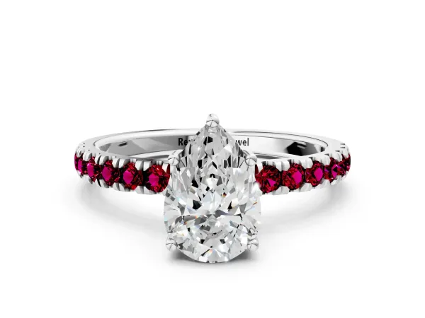 Pear Cut Diamond Pave Band Solitaire Ring with Round Garnet and Prong Setting Platinum