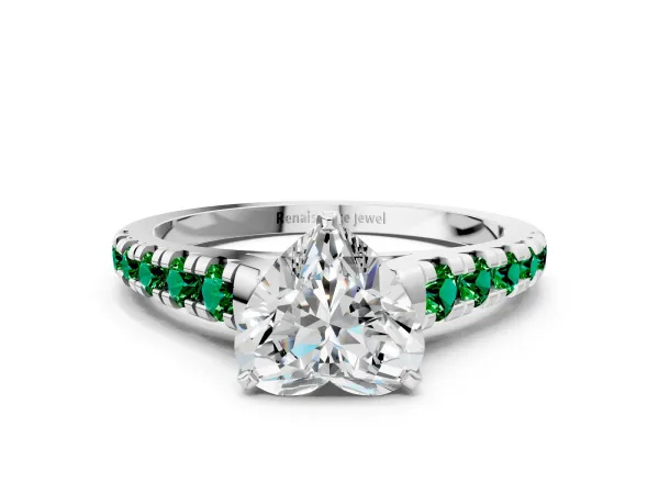 Heart Cut Diamond Cathedral Solitaire Ring with Round Emerald Pavé Band Platinum