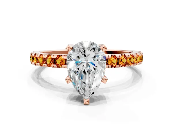 Pear Cut Diamond Solitaire Ring with Round Citrine Pavé Band and Four-Prong Setting Rose gold