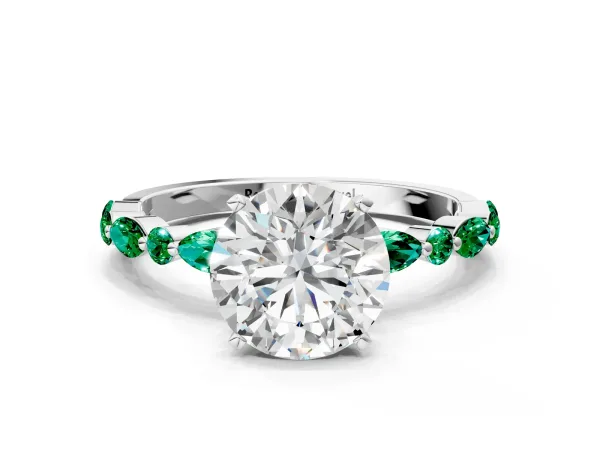 Round Cut Diamond Ring with Marquise and Round Emerald Side Stones and Four-Prong Setting Silver