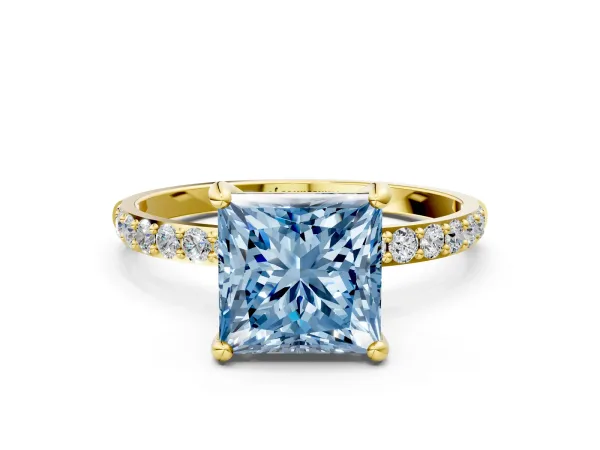 Fancy Blue Princess Cut Diamond Solitaire Ring with Round Pavé Band and Prong Setting Yellow gold