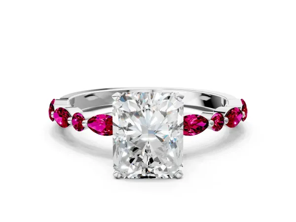 Radiant Cut Diamond Ring with Marquise and Round Garnet Side Stones and Four-Prong Setting Platinum