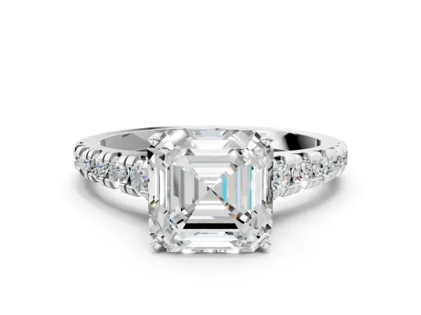 Asscher Cut Diamond Cathedral Solitaire Ring with Round Moissanite Pavé Band Platinum