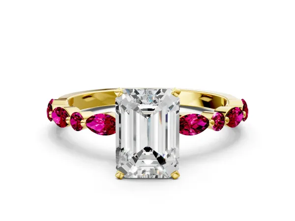 Emerald Cut Diamond Ring with Marquise and Round Garnet Side Stones and Four-Prong Setting Yellow gold