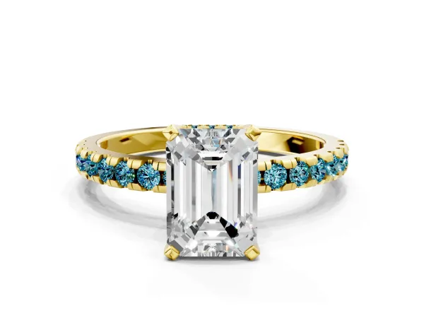 Emerald Cut Diamond Solitaire Ring with Round Blue Topaz Pavé Band and Four-Prong Setting Yellow gold