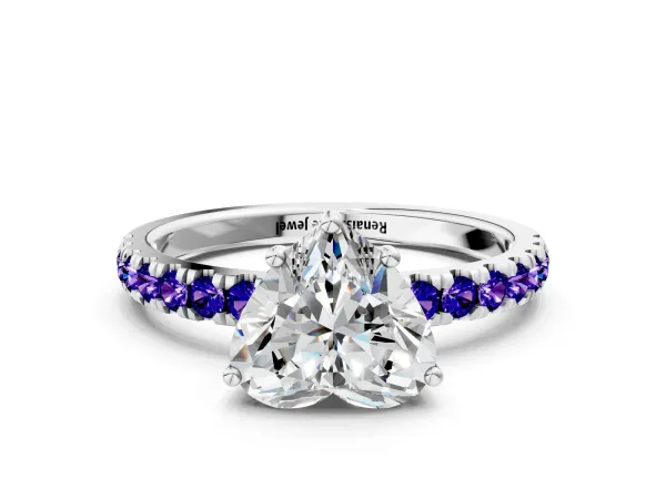Heart Cut Diamond Pave Band Solitaire Ring with Round Tanzanite and Prong Setting Platinum