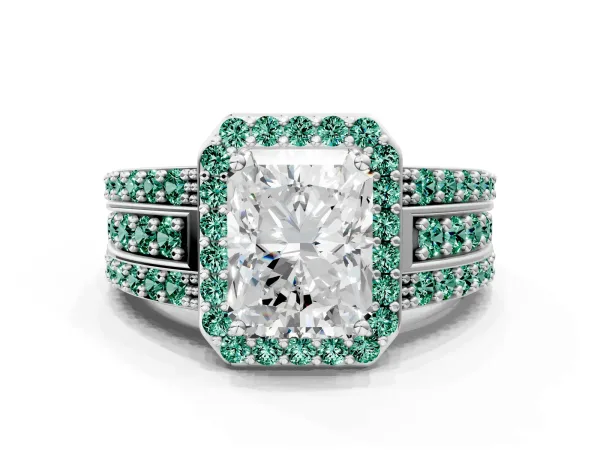 Radiant Cut Halo Diamond Ring with Round Green Sapphire Split Shank and Prong Setting Platinum