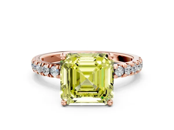 Fancy Yellow Asscher Cut Diamond Pave Band Solitaire Ring with Round and Prong Setting Rose gold